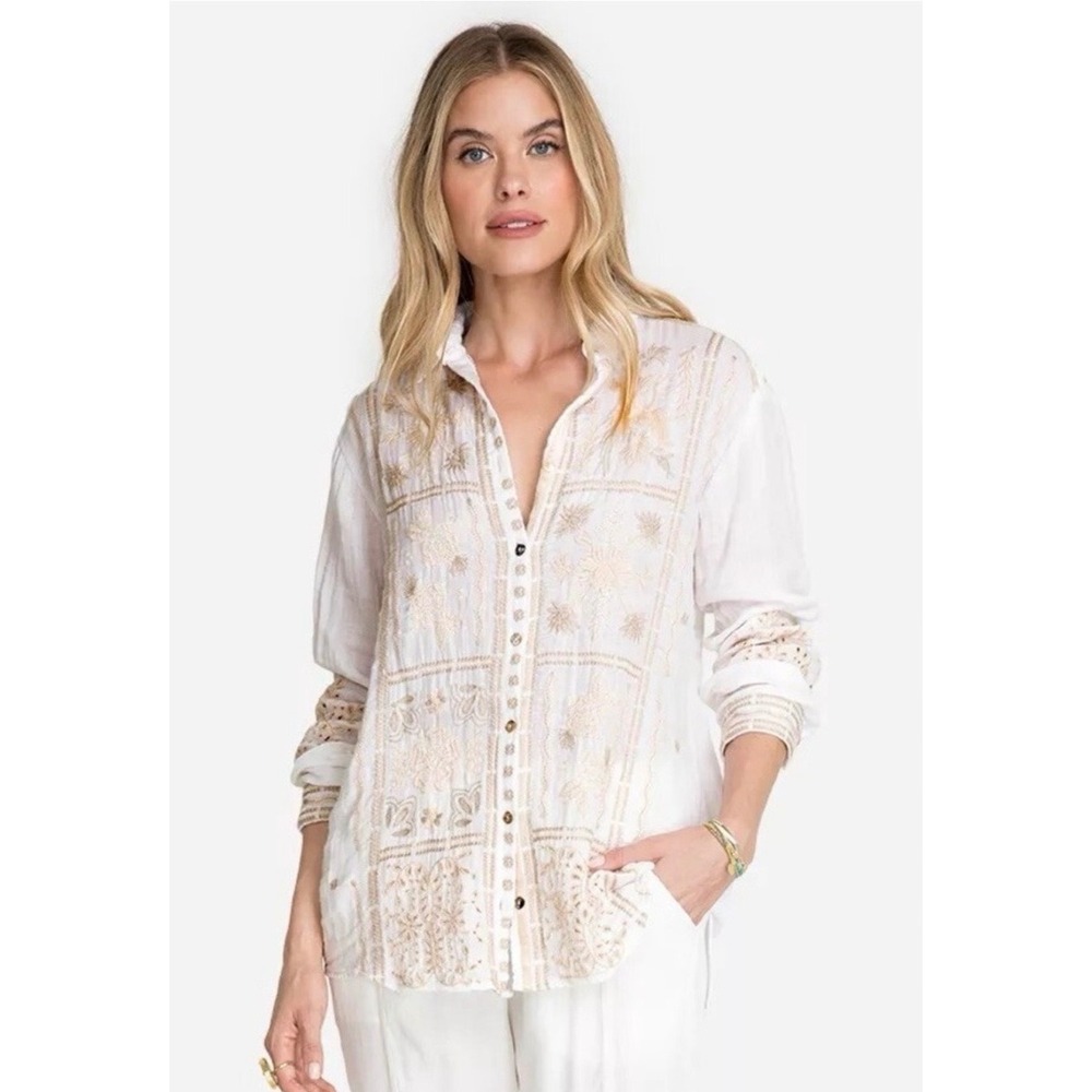 Johnny Was Alberte Oversized Shirt Large White Embroidered Cotton Gauze Coastal‎